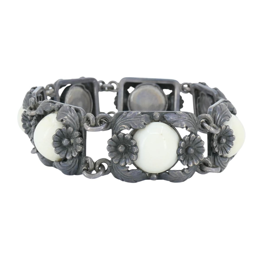 Vintage N.E. From Denmark Sterling Silver Bone Cabochon Bracelet