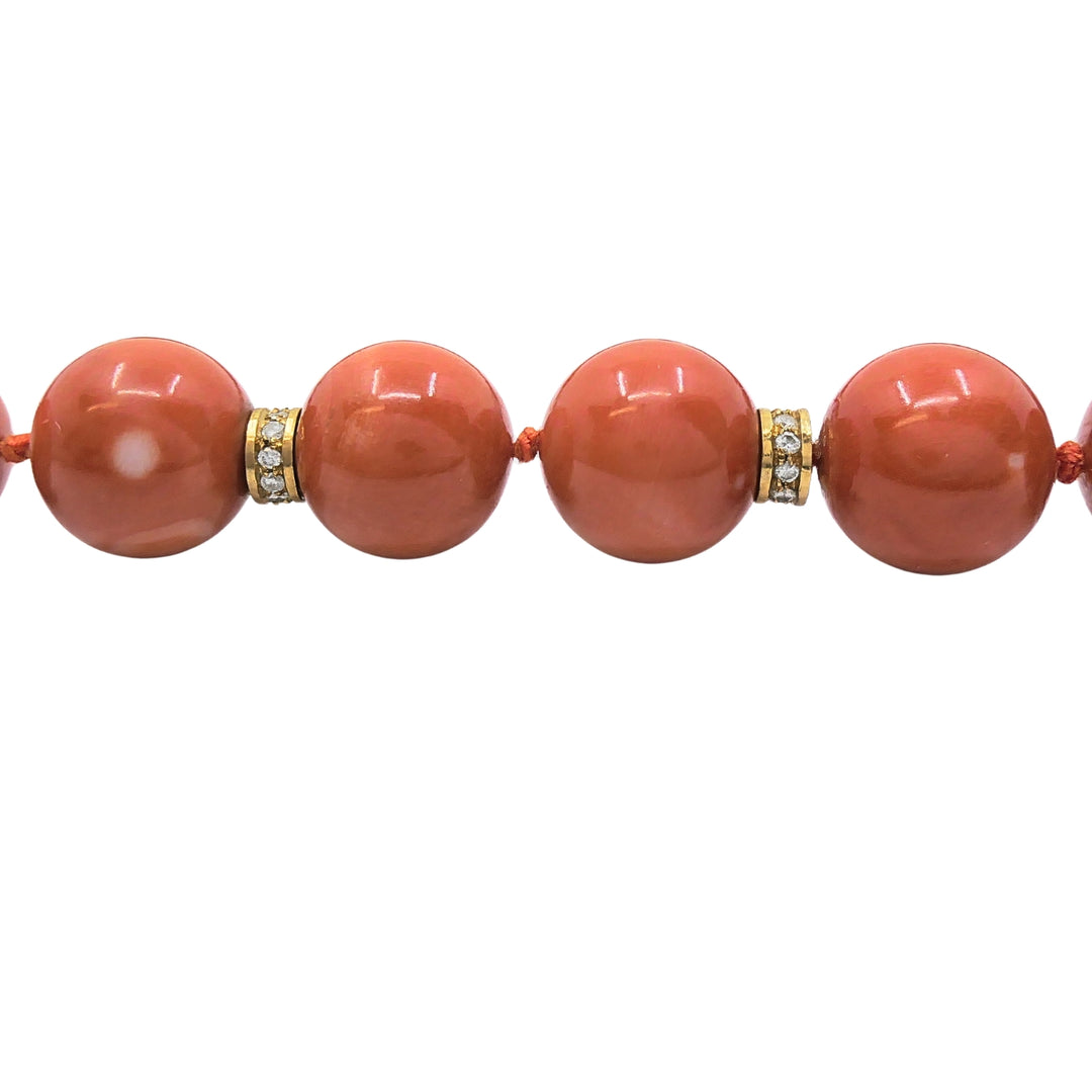 Vintage Bvlgari Coral Necklace 18k Gold Diamond Rondelles & Diamond Clasp
