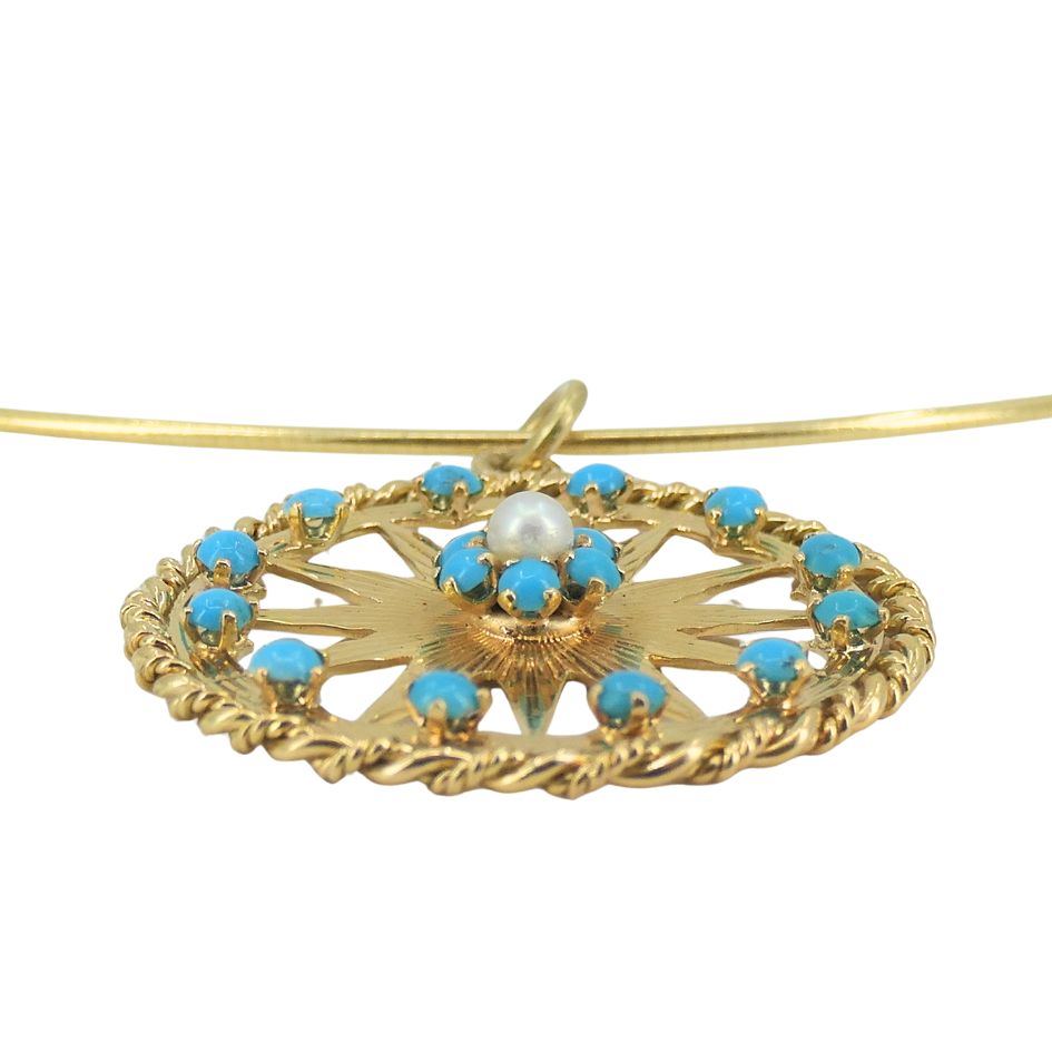 Vintage French Gold Turquoise Pearl Star Pendant Necklace