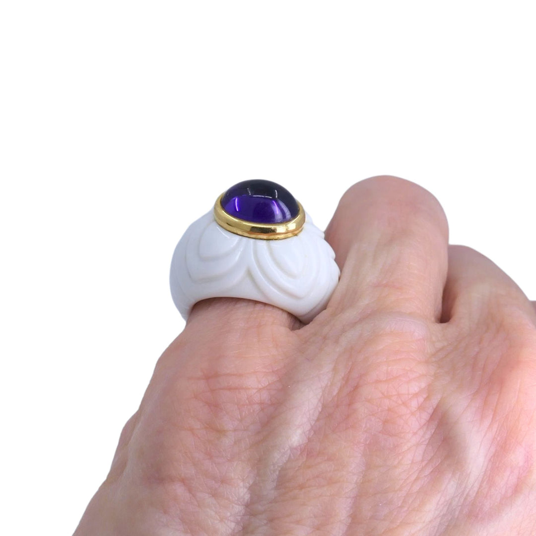 BVLGARI Bulgari Chandra Ring 18k Gold Amethyst Porcelain 1990s Ring Size 4