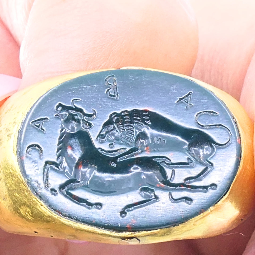 22k Gold Oval Intaglio Lion Bull Signet Ring Greek & Roman Inspired Design