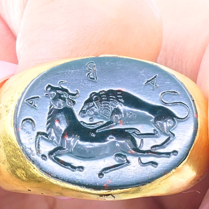 22k Gold Oval Intaglio Lion Bull Signet Ring Greek & Roman Inspired Design