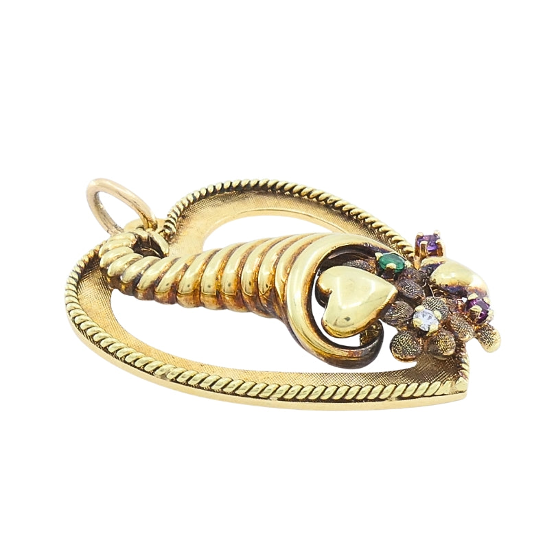 Vintage 14k Gold Heart Pendant Gemstone Cornucopia Design
