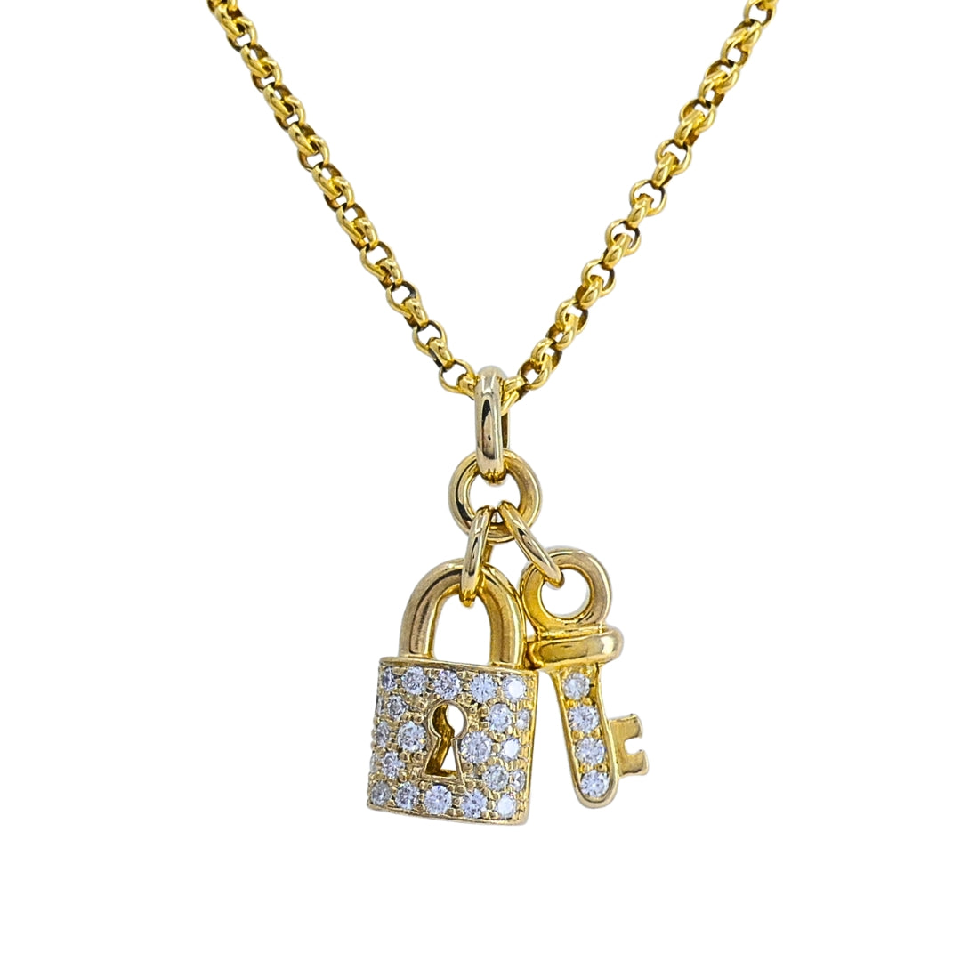 14k Gold Diamond Lock & Key Pendant Necklace