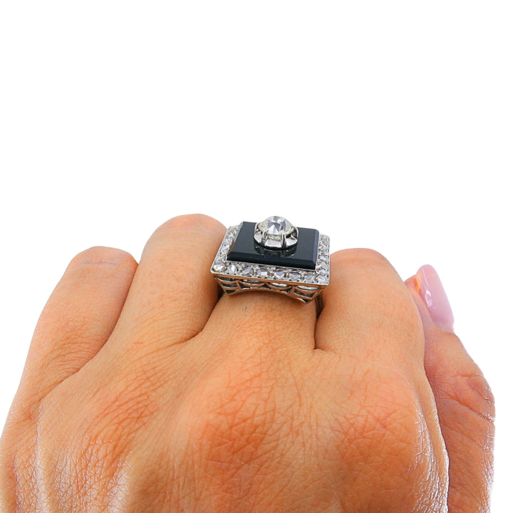 Art Deco 14k Gold Onyx Diamond Square Plaque Ring Antique Jewelry