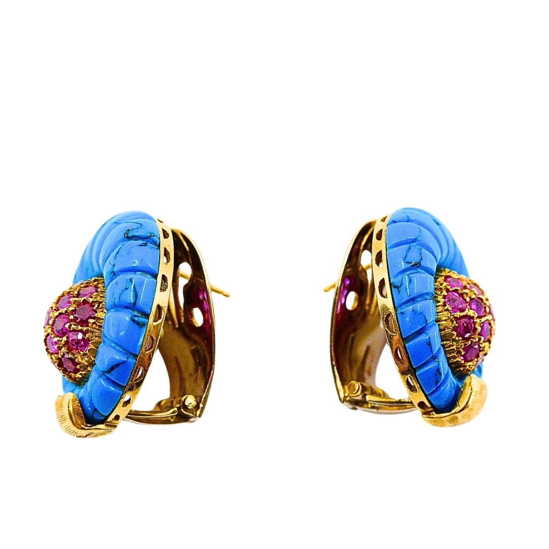 Vintage Carved Turquoise 18k Gold Ruby Stud Earrings