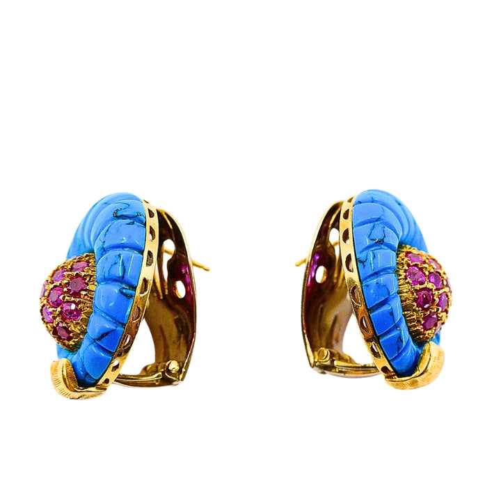 Vintage Carved Turquoise 18k Gold Ruby Stud Earrings