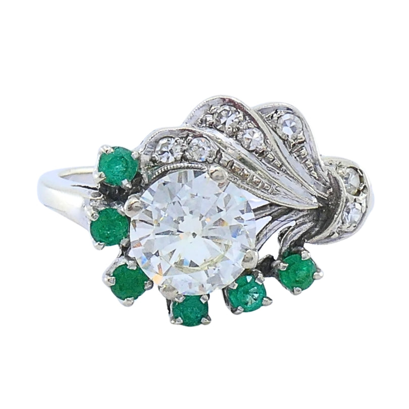 Vintage 14k White Gold Diamond  Emerald Cocktail Ring