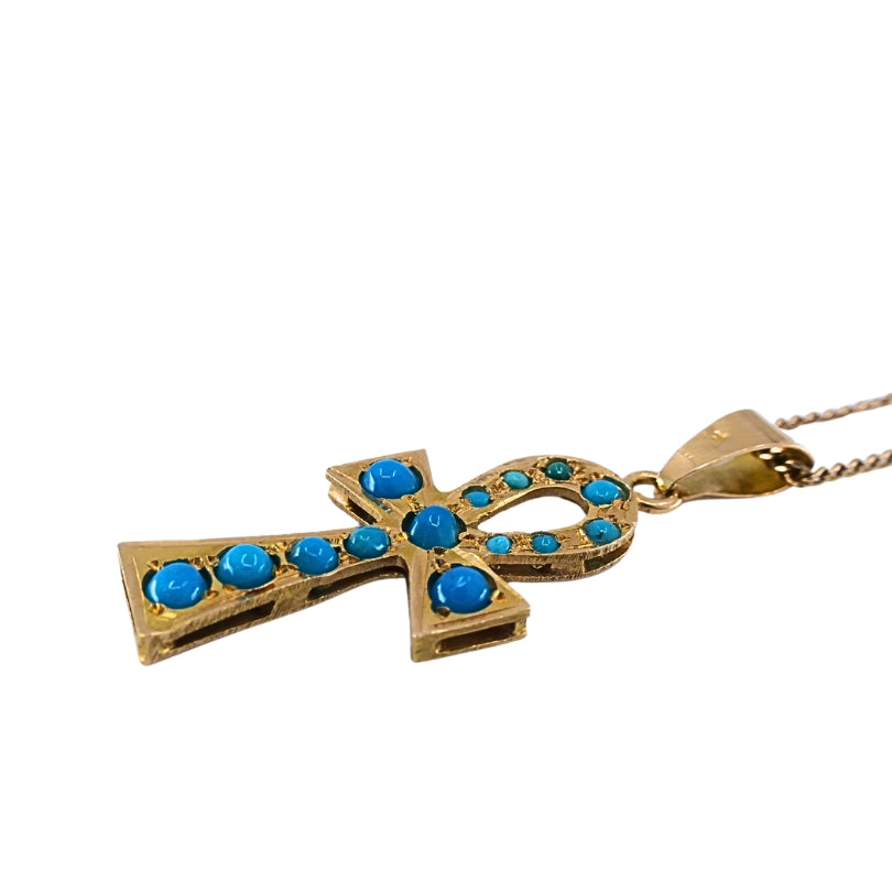 Vintage 21k Gold Turquoise Ankh Pendant 14k Gold Chain Necklace