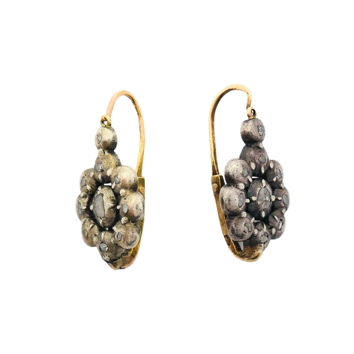 Georgian Silver Earrings 14k Gold Wires Rose Cut Diamonds