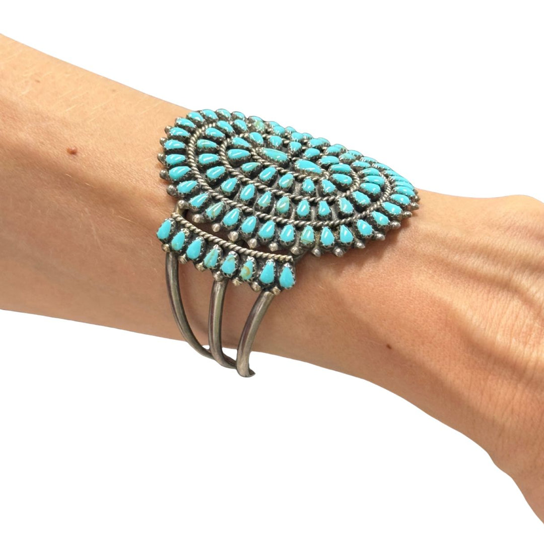 Signed Sterling Silver Turquoise Native American Petit Point Cuff Bracelet