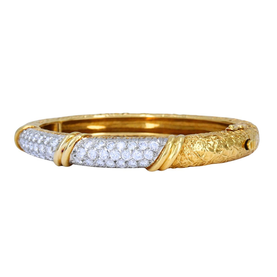 Vintage Van Cleef & Arpels 18k Gold Platinum Diamond Hinged Bangle Bracelet