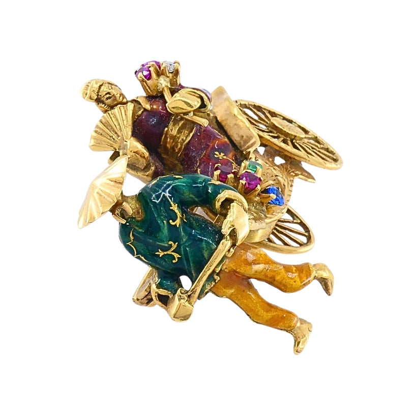 Vintage 18k Gold Riksha Brooch Pin Enamel Gemstone Accents