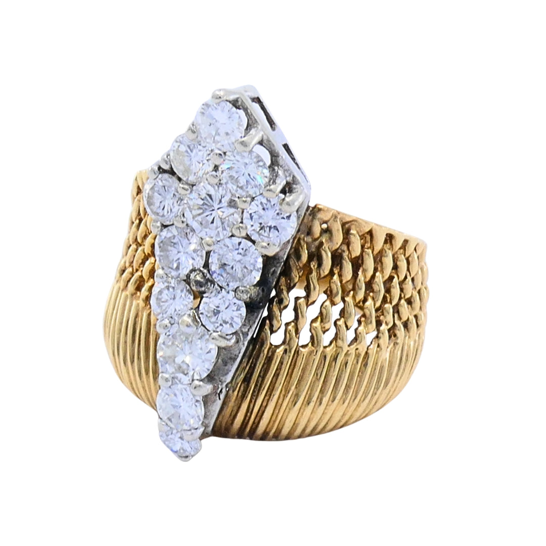 Vintage 14k Gold & 10k White Gold Accent Diamond Cluster Woven Cocktail Ring