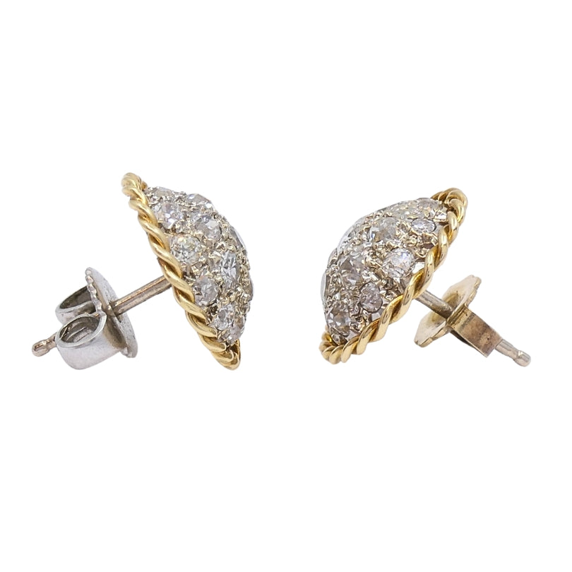 Vintage 14k Gold Stud Earrings Pave Diamond Rope Design