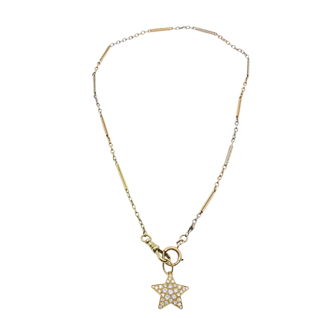 14k Gold Diamond Pavé Star Pendant on Antique Bar‑Link Chain