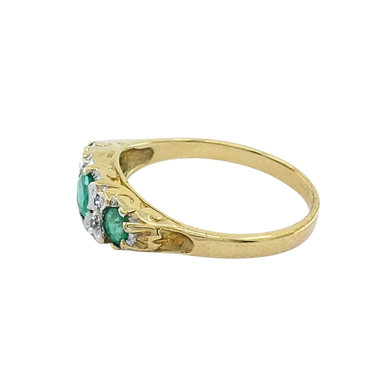 Vintage 9k Gold Emerald Diamond Three-Stone Ring