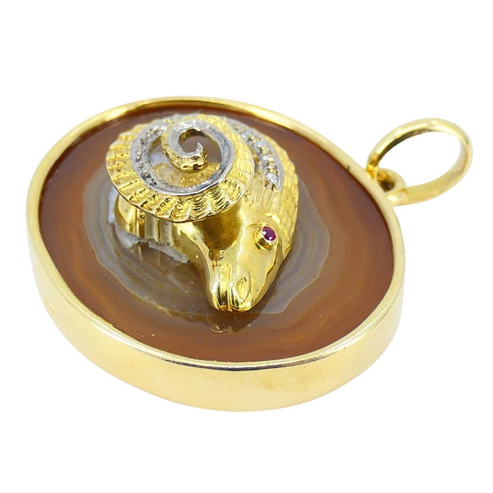 Vintage 18k Gold Diamond Ruby Aries Ram Astrology Pendant