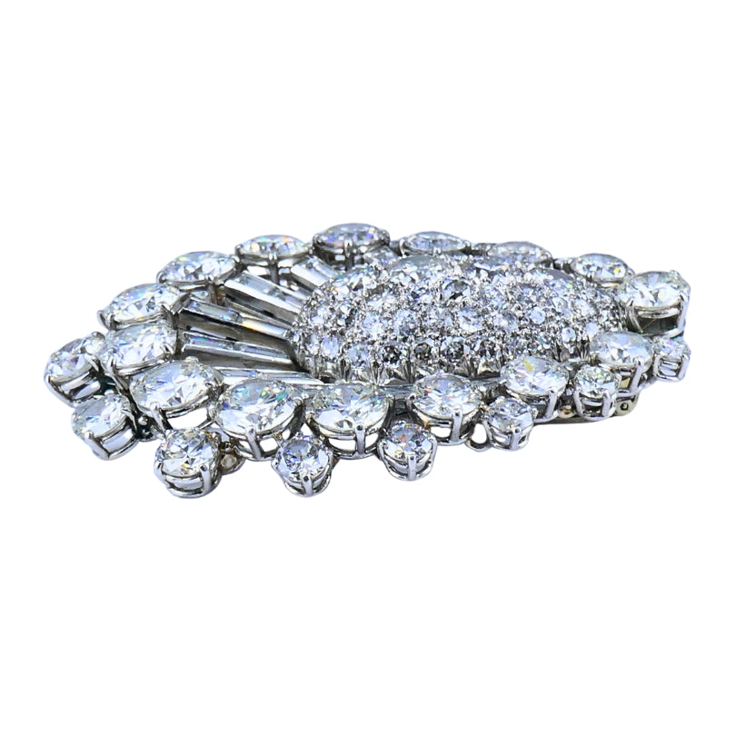 Vintage 1950s Platinum Diamond Peacock Brooch Clip Old European Baguette Cut