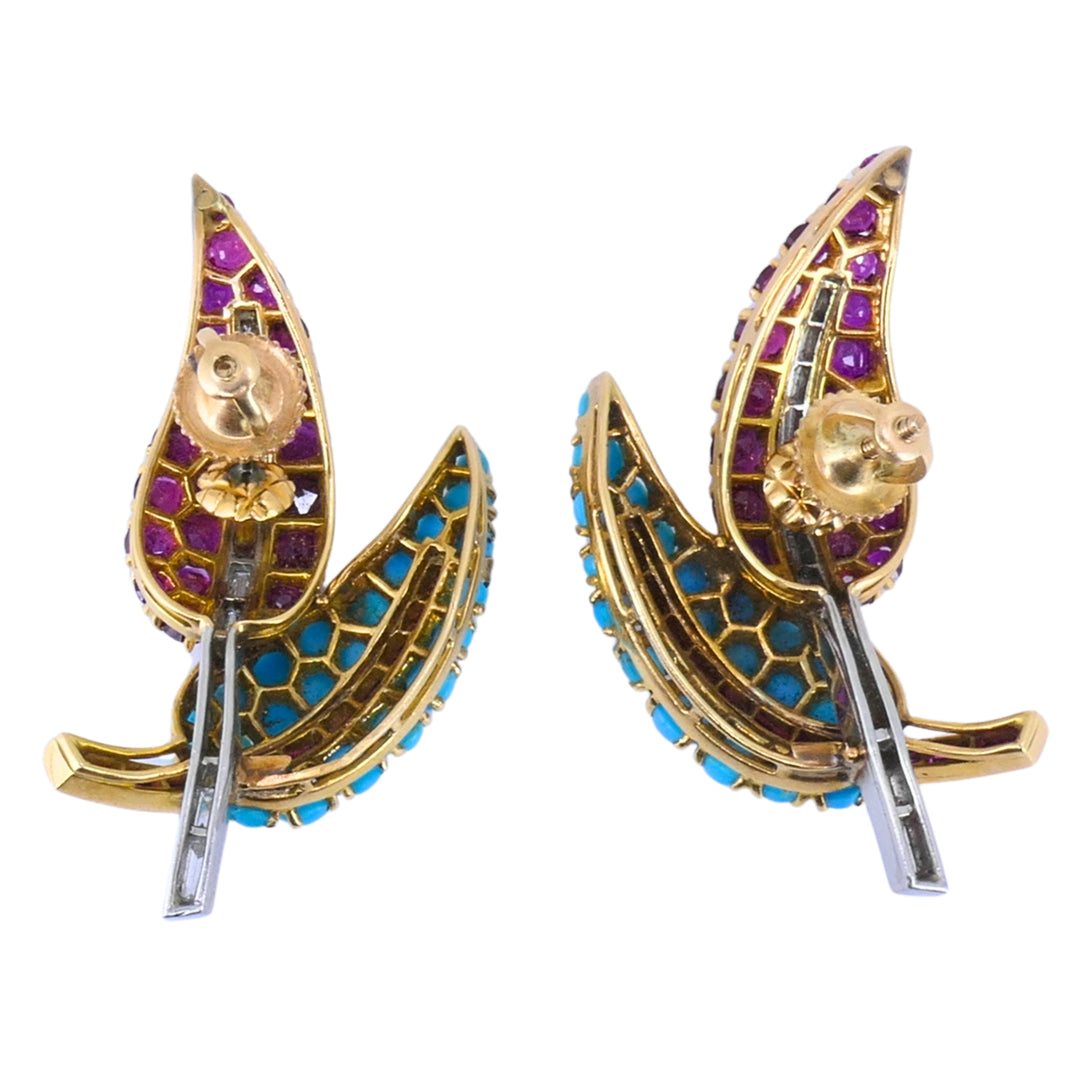 18k Gold Turquoise Ruby & Diamond Vintage Brooch and Earrings Set French Jewelry