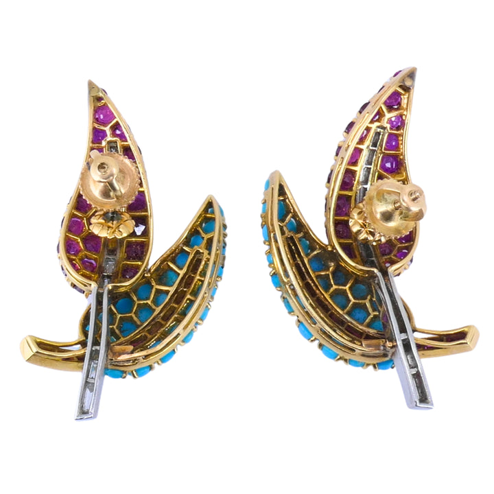 18k Gold Turquoise Ruby & Diamond Vintage Brooch and Earrings Set French Jewelry
