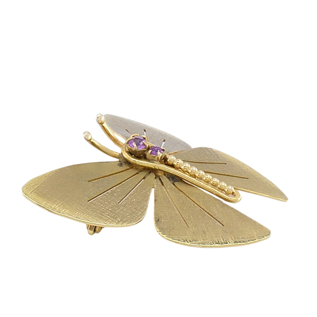 Vintage 14k Gold Butterfly Brooch Pink Gemstone Accents