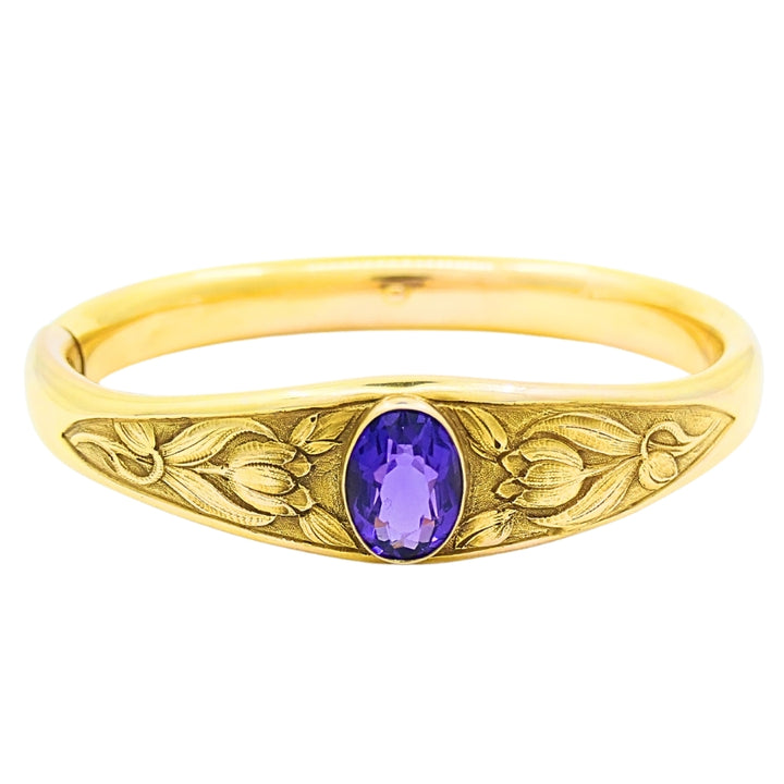 Riker Brothers Art Nouveau 14k Gold Bangle Amethyst Bracelet