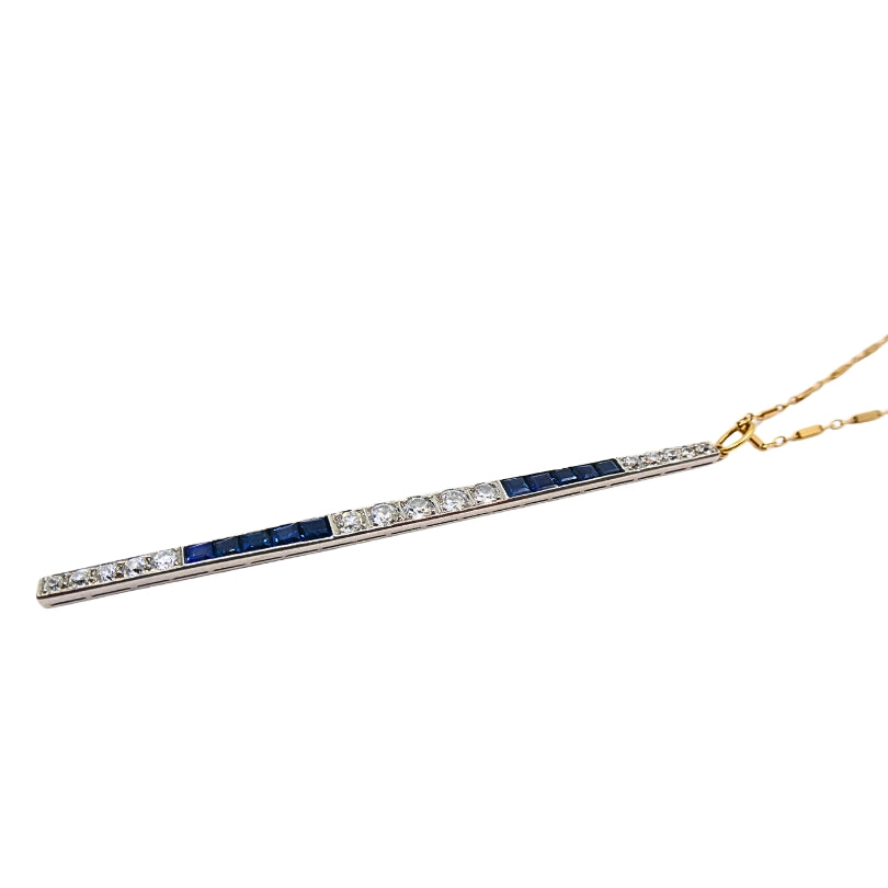 1920s Platinum Bar Pendant Sapphire Diamond & 14k Gold Chain Necklace