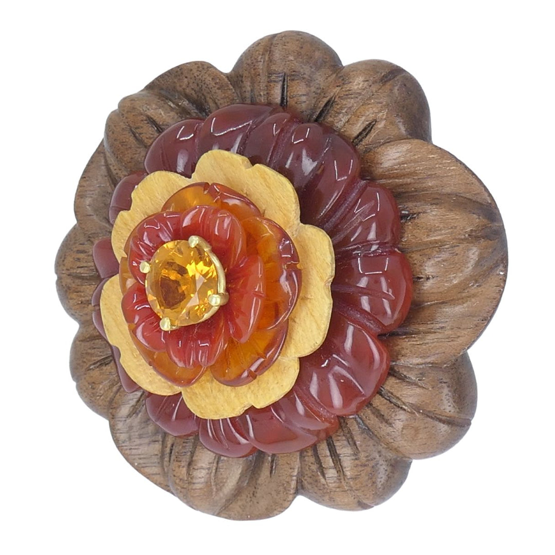 Bettina Gabetti for Trianon Flower Brooch 18k Gold Carved Wood Carnelian Citrine