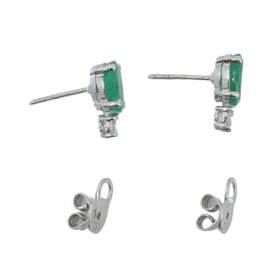 Vintage 18k White Gold Emerald Diamond Stud Earrings