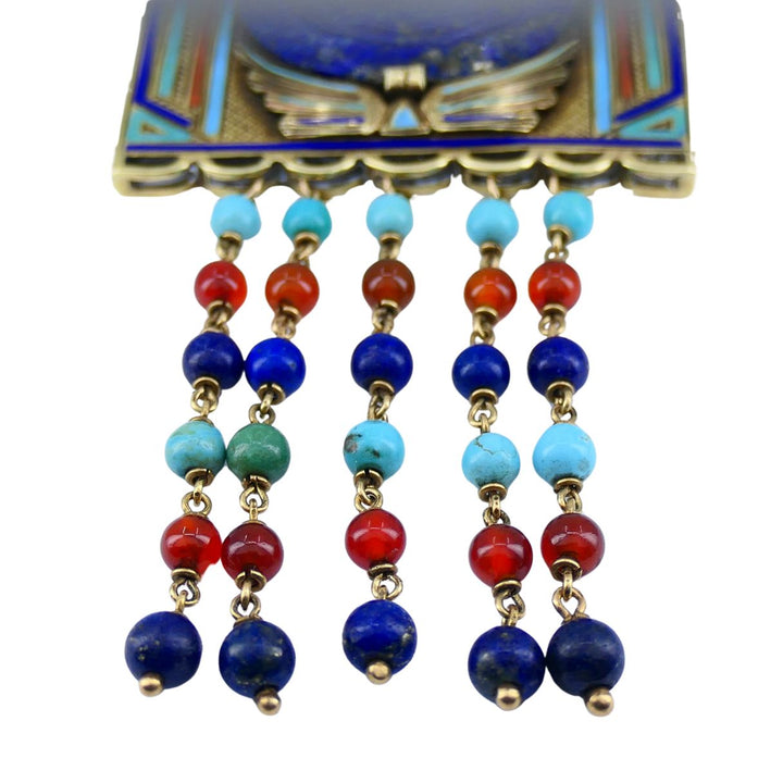 Egyptian Revival 14k Gold Gemstones Enamel Pendant Necklace