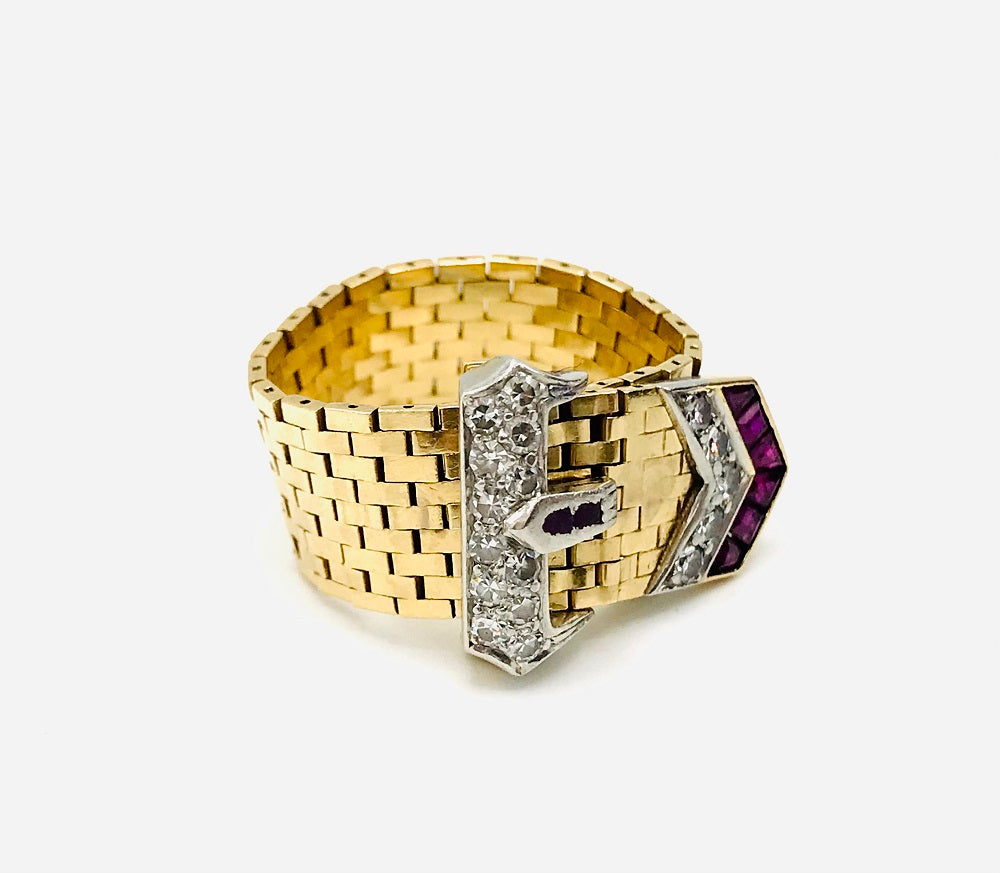 Retro Yellow Gold Diamond Ruby Enamel Buckle Ring