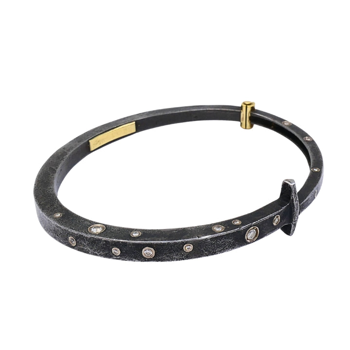 Modern Silver 18k Gold Bangle Bracelet Diamond Accents