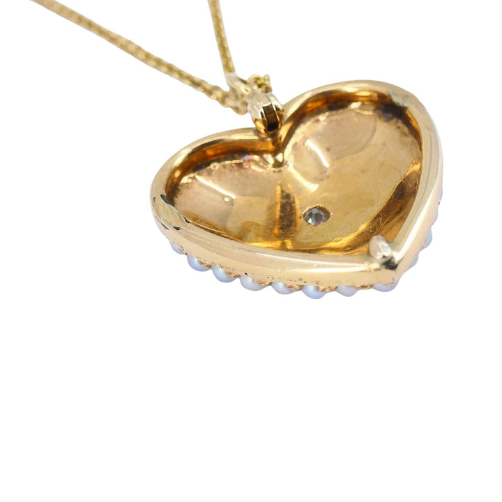 Vintage 14k Gold Diamond Pearl Heart Pendant Necklace