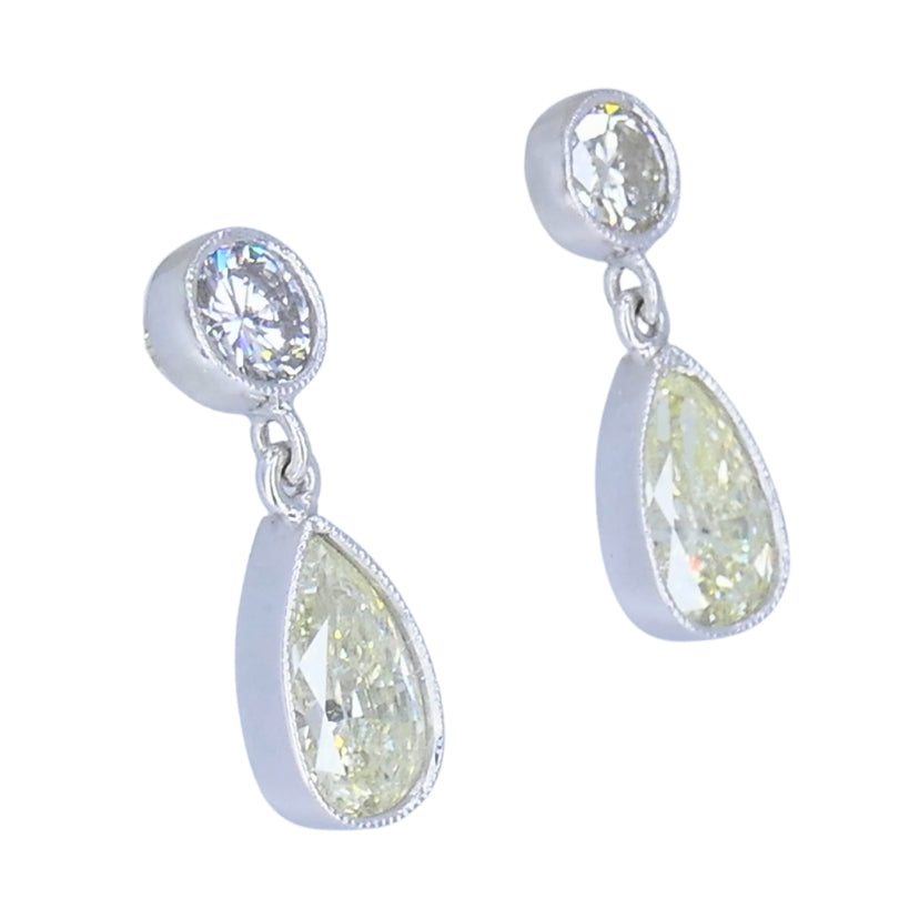 Platinum Drop Earrings Pear Cut Diamond and Round Brilliant Cut