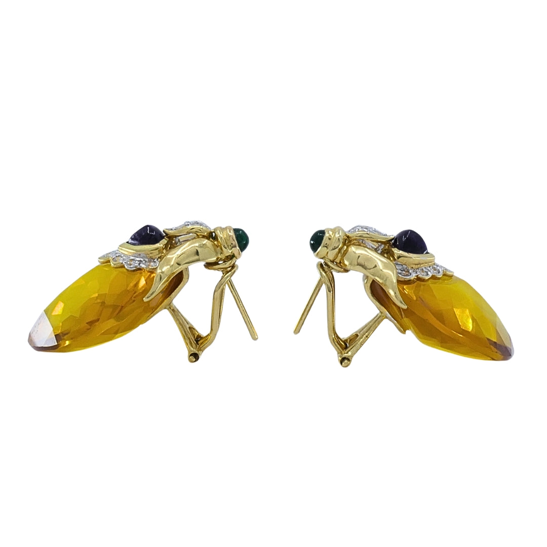 Vintage 18k Gold Citrine Heart Multi-Gemstone Earrings