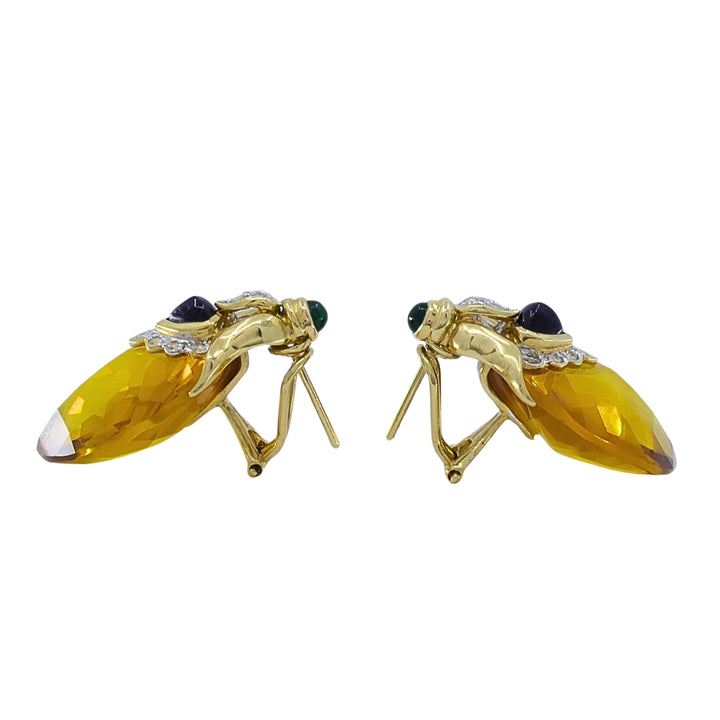 Vintage 18k Gold Citrine Heart Multi-Gemstone Earrings