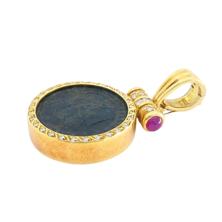 Ancient Coin 18k Gold  Diamond  Ruby Pendant