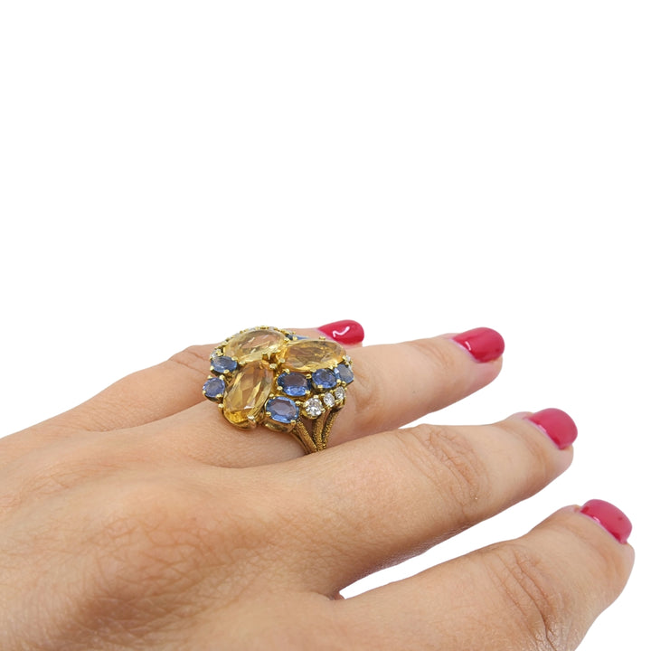Vintage 14k Gold Imperial Topaz Blue Sapphire Diamond Cluster Cocktail Ring