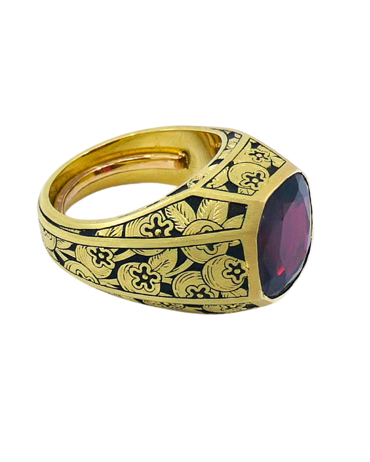 Garnet Ring Engraved 18k Gold Men Ring Cushion Cut