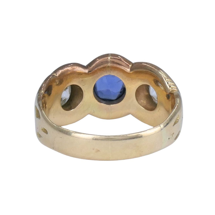 Antique 14k Gold Sapphire Old European Cut Diamond Three Stone Ring
