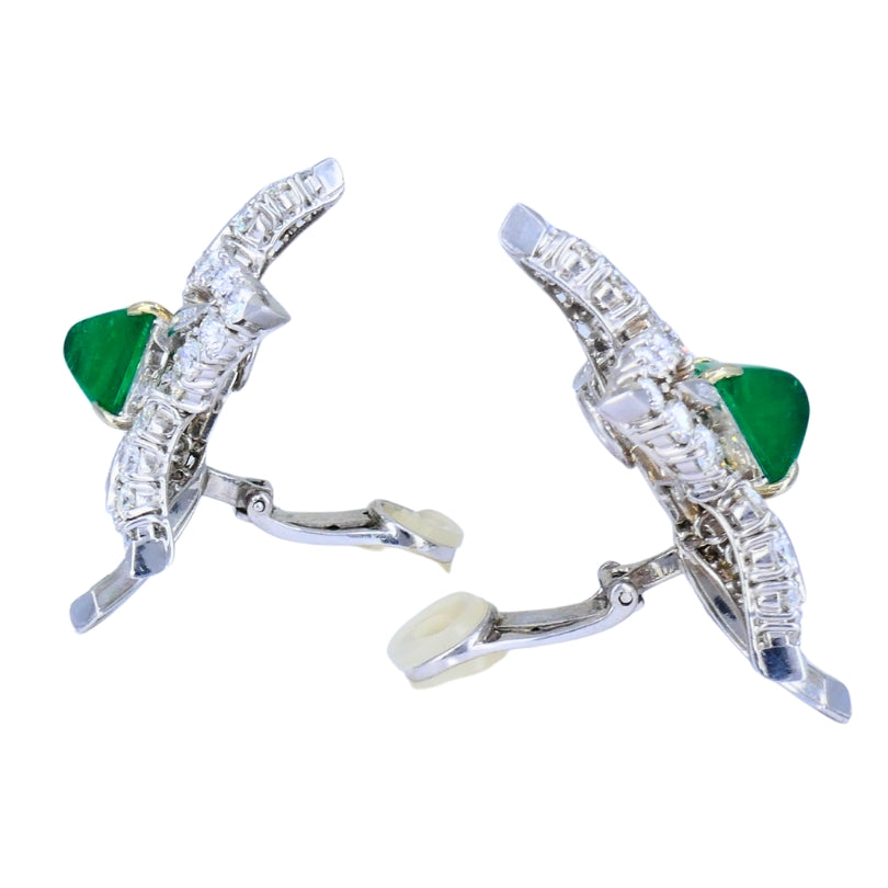 Vintage Platinum Diamond Floral Earrings Sugarloaf Emerald Estate Jewelry