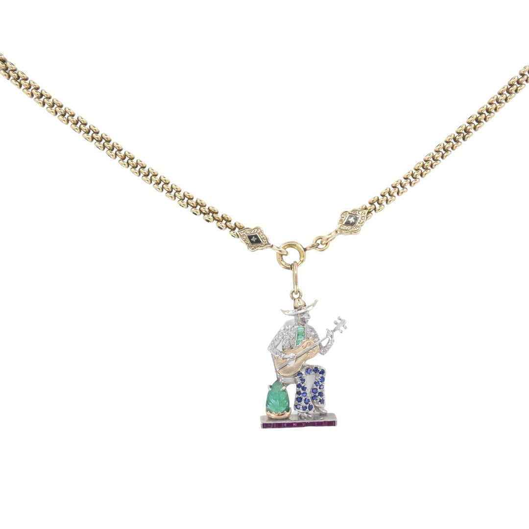 Antique 14k Gold Enamel Chain Necklace Platinum Pendant