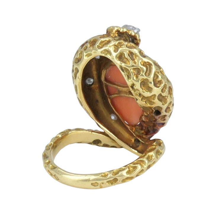 Vintage French 18k Gold Diamond Coral Cobra Snake Ring