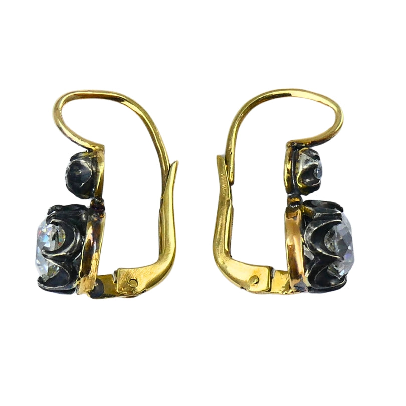 Victorian 14k Gold Silver Two-Stone Diamond Earrings Old Mine Cut, Antique