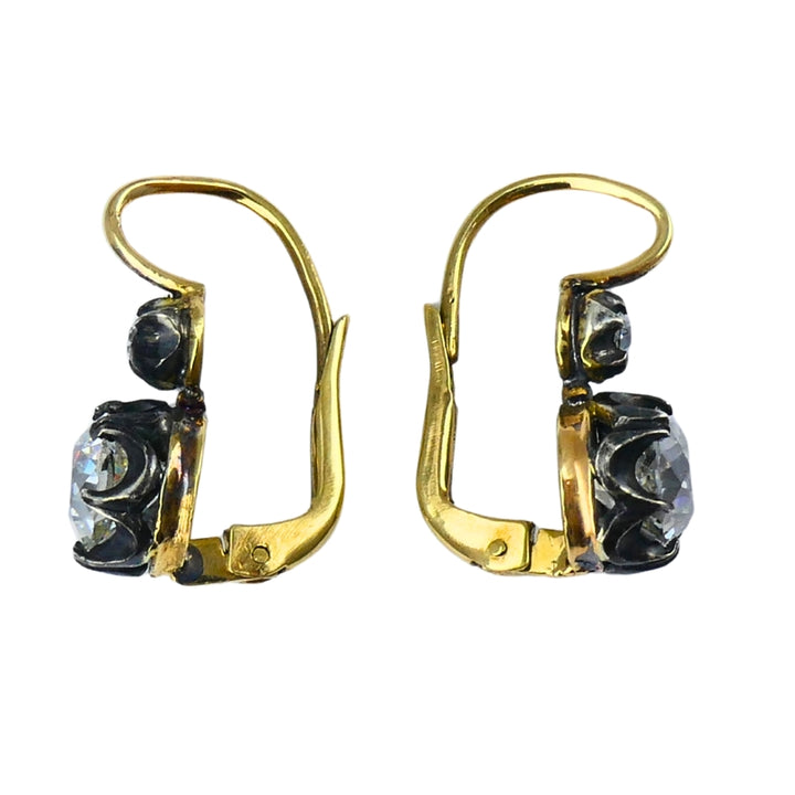 Victorian 14k Gold Silver Two-Stone Diamond Earrings Old Mine Cut, Antique