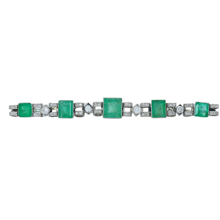 Victorian 18k White Gold Emerald Diamond Bracelet