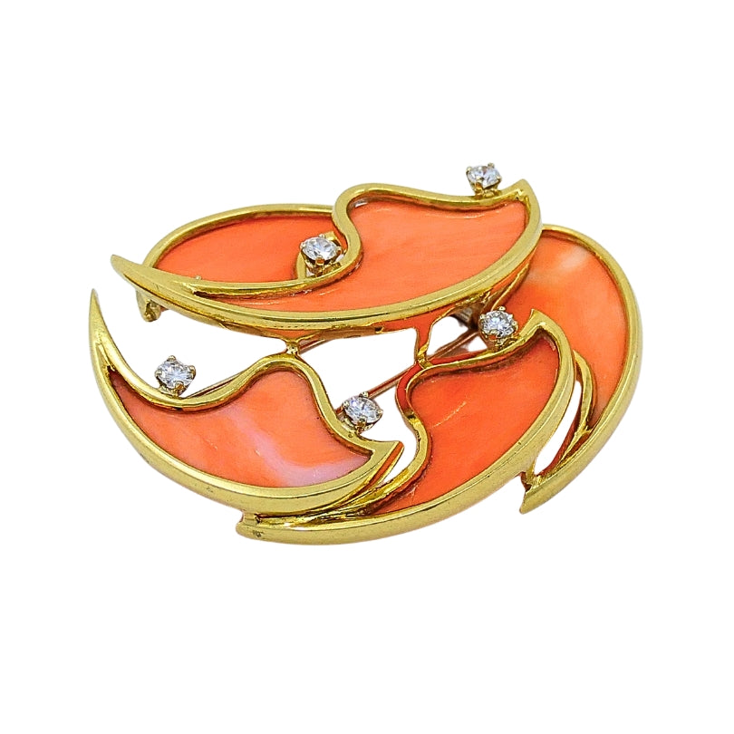 French Vintage Coral Diamond Brooch 18k Gold