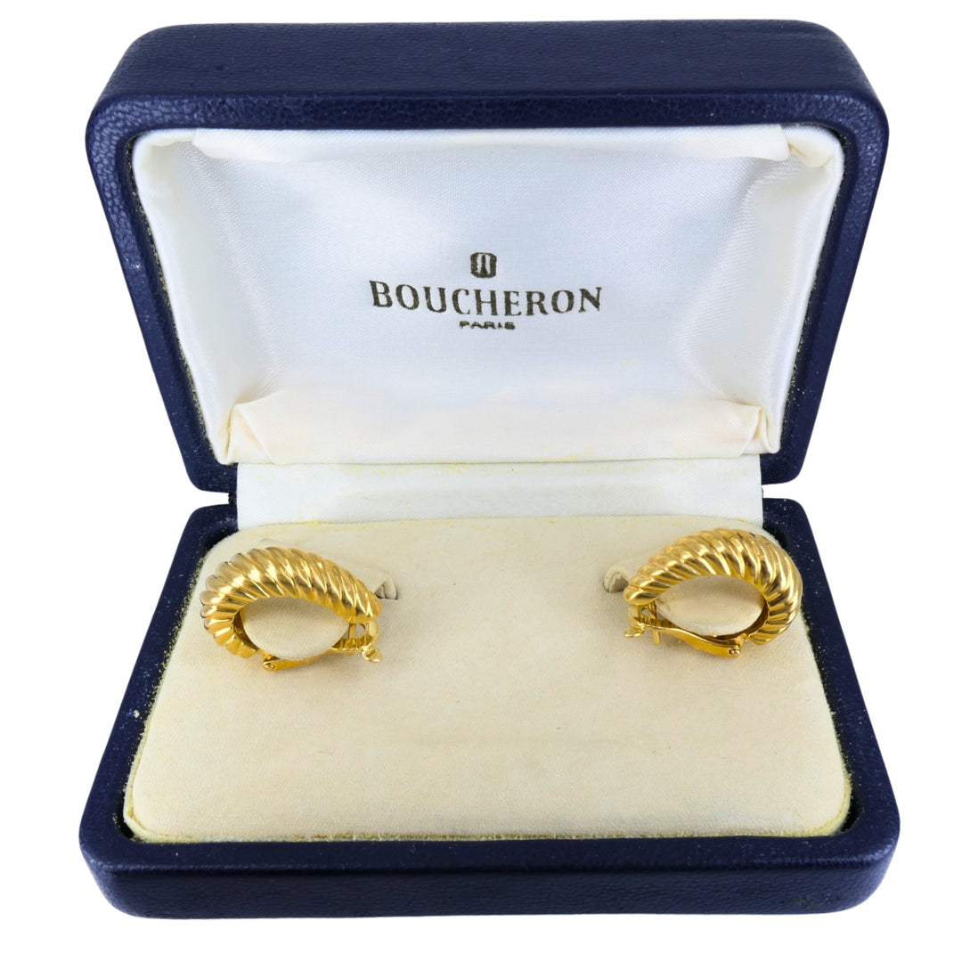 Boucheron Paris 18k Yellow Gold Hoop Earrings, Vintage Ribbed Hoop Earrings