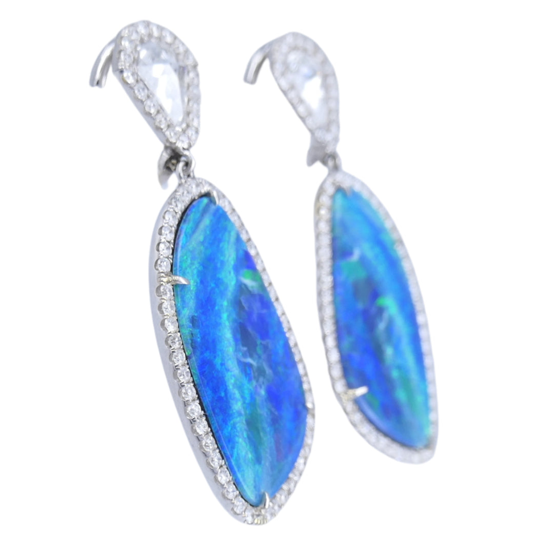 Spectacular Australian Boulder Opal Diamond 18K White Gold Drop Earrings – Electric Blue & Green